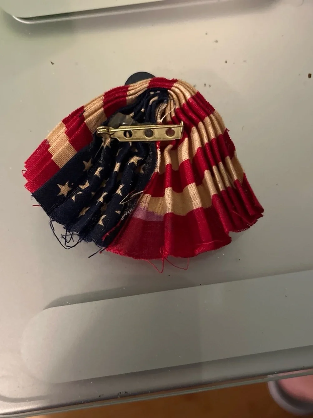 Patriotic Red White Blue Fabric Tassel Pin with Heart Accent. Handmade 1765